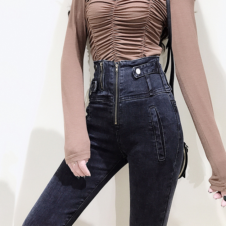 全新,漫步美库黑灰色高腰牛仔裤女紧身显瘦个...