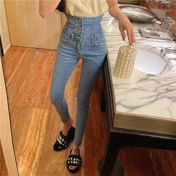 ins超火排扣超高腰长裤弹力紧身牛仔裤女修...