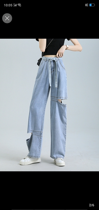 破洞牛仔裤宽松腰带款