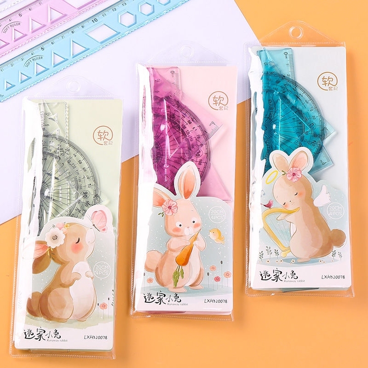 软尺子套装4件套学生文具不伤手直尺量角15...