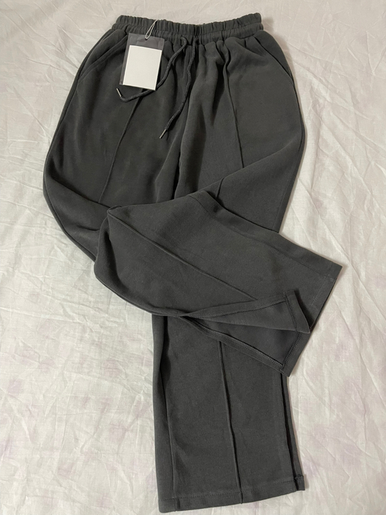 大码女L码秋季高腰宽松休闲裤垂感直筒裤深灰色