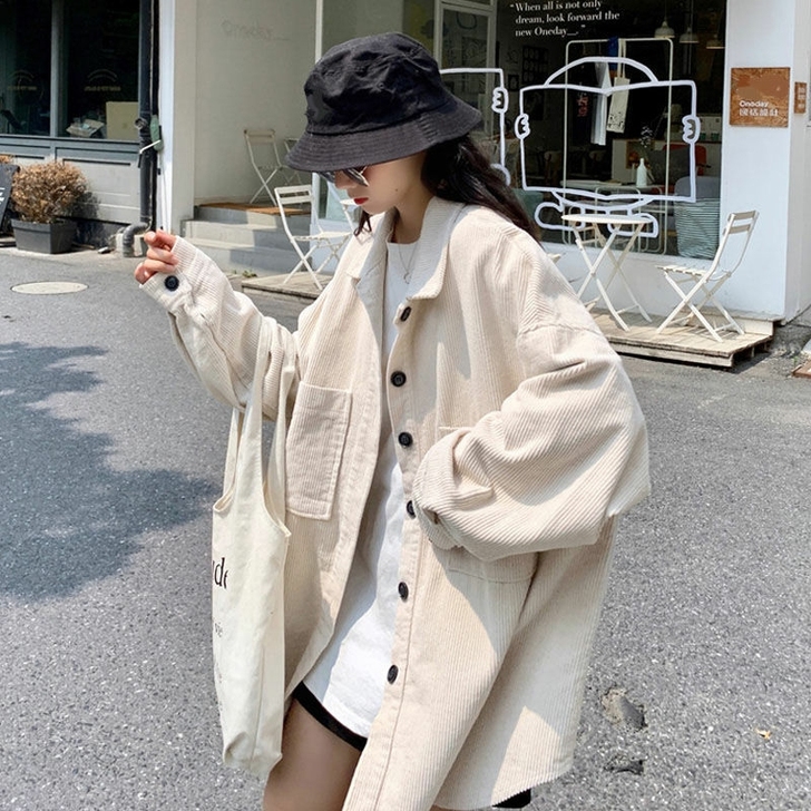 春秋韩版ins复古港味bf宽松百搭灯芯绒休...