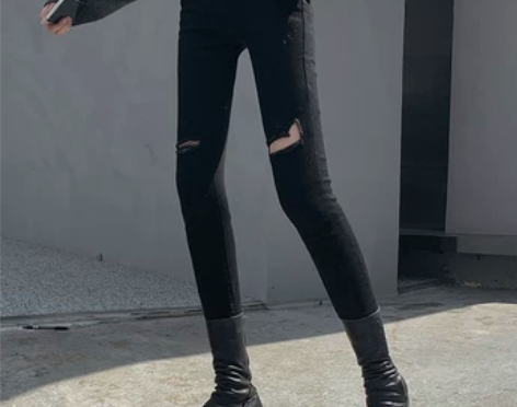 破洞牛仔裤女小脚裤2019新款秋季韩版黑色...