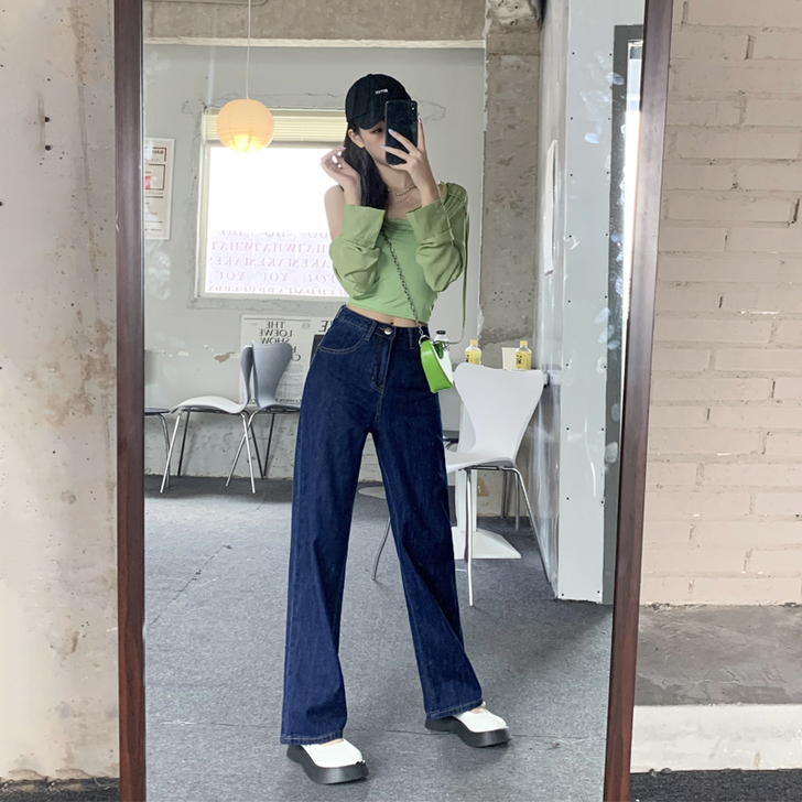 【焕新价】ZNZW深蓝色高腰直筒牛仔裤女宽...