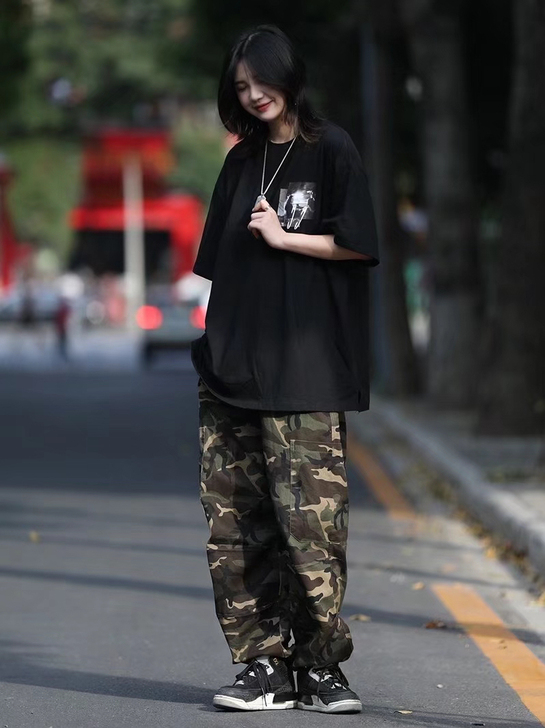 国潮复古迷彩工装裤子女夏季薄ins潮牌美式...