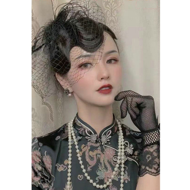 年会名媛新娘小礼帽女网纱面纱晚宴礼服旗袍夜...