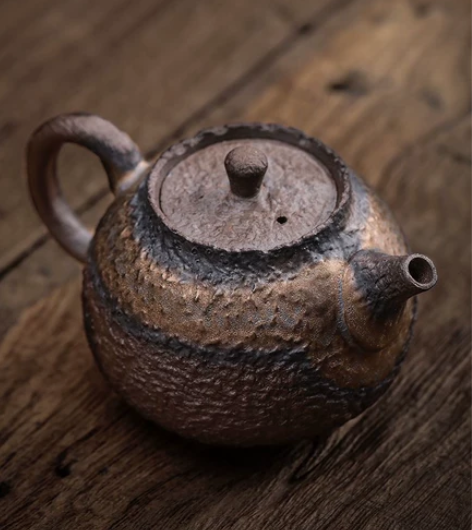 手工复古粗陶小茶壶石纹正把壶鎏金铁釉单壶泡...