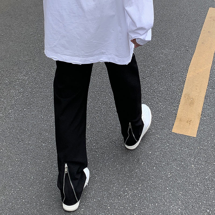 欧美休闲长裤男女高街潮牌复古后跟拉链情侣宽...