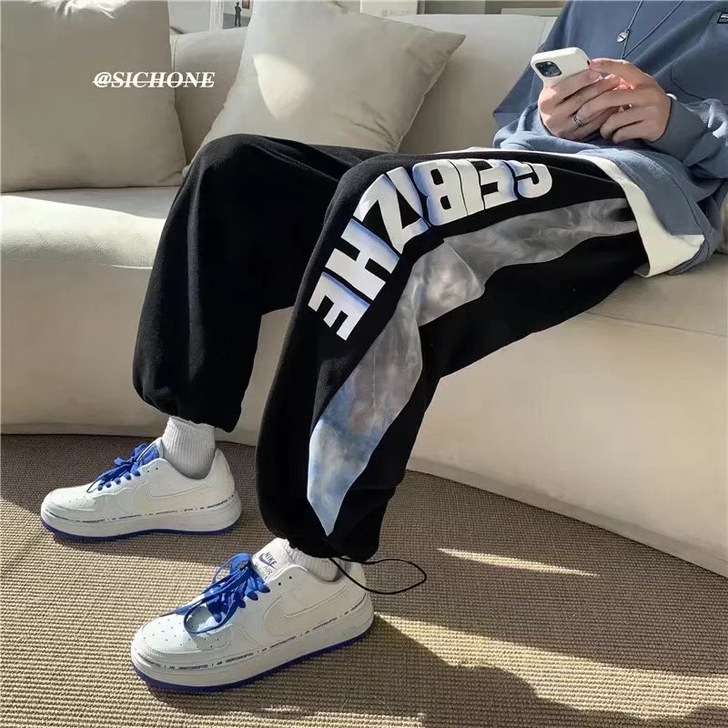 休闲裤男春秋季宽松高街运动裤字母扎染印花港...