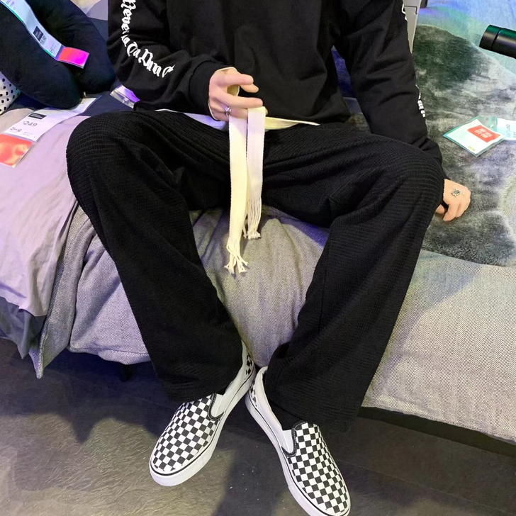 秋季新款抽绳阔腿裤男ins百搭宽松直筒运动...