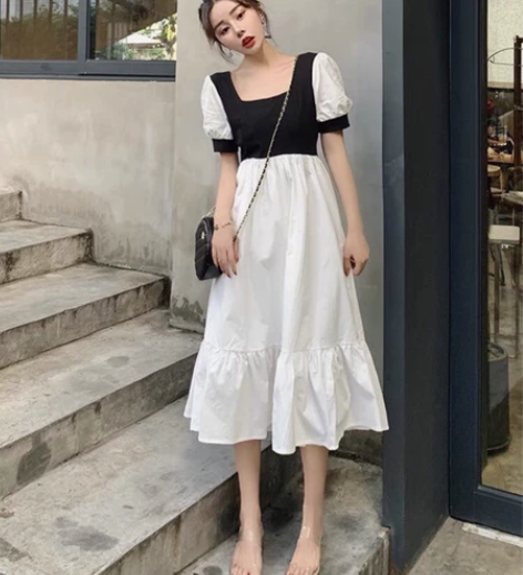 法式复古方领气质长裙子女2022夏季新款女...