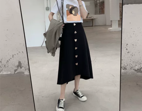 半身裙女春秋高腰黑色A字裙中长款过膝复古打...