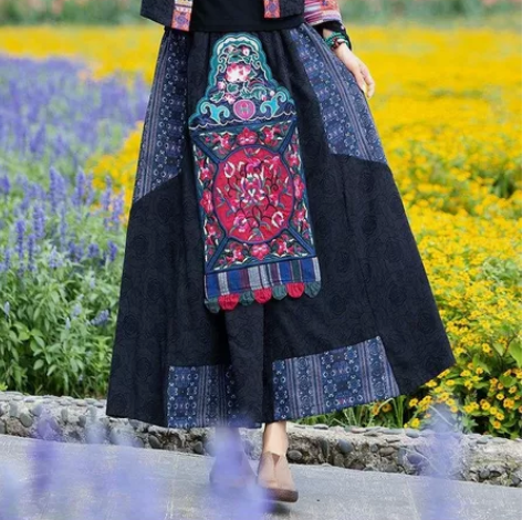 新款民族风绣花苗裙复古A字裙重工刺绣中国风...