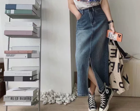 韩国2022秋冬新款复古开叉牛仔半身裙女高...