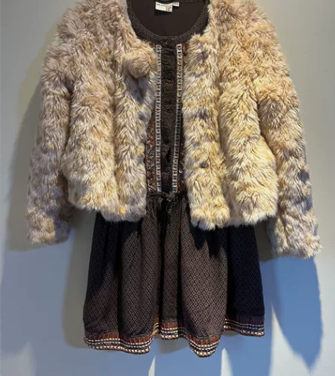 pp.town 140女童粉色豹纹短皮草夹...