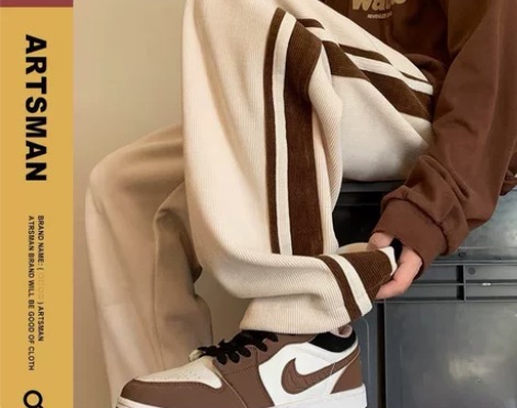 条纹灯芯绒裤子男秋季美式高街阔腿运动长裤复...