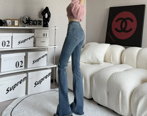 美式复古微喇牛仔裤女2022年冬季新款高腰...