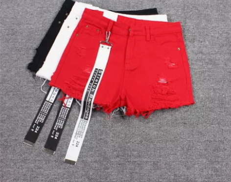 红色破洞牛仔短裤女夏网红时尚百搭宽松显瘦大...