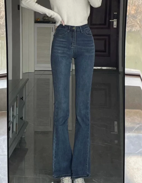 哲娜纯秋冬新款显瘦修身微喇叭牛仔裤辣妹小个...