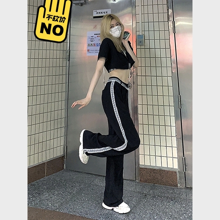 休闲运动裤女秋季潮ins束脚直筒裤黑色设计...