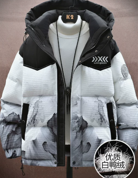 雪山羽绒服男连帽冬季加厚潮牌男士外套扎染拼...