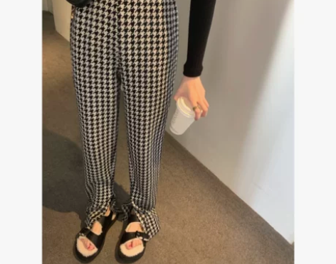 ?Tongse 复古千鸟格高腰直筒裤女开叉...