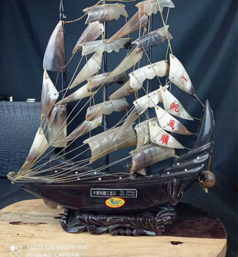 老工艺品 “牛角”一帆风顺 风水摆件 船身...