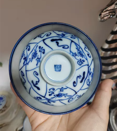 老物件 盖碗 茶碗 地包天  手绘青花 什...