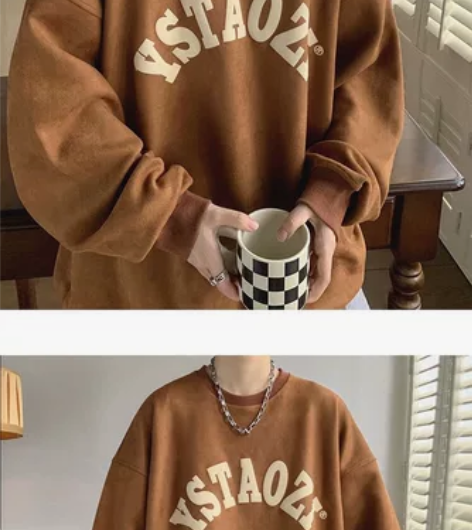 美式重磅卫衣男春秋季麂皮绒复古圆领印花上衣...