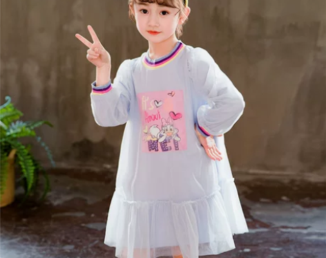 女童长袖纯棉网纱连衣裙春季装新款中大童公主...
