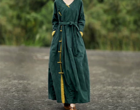 民族风加厚棉麻连衣裙女秋冬新款文艺复古麻料...