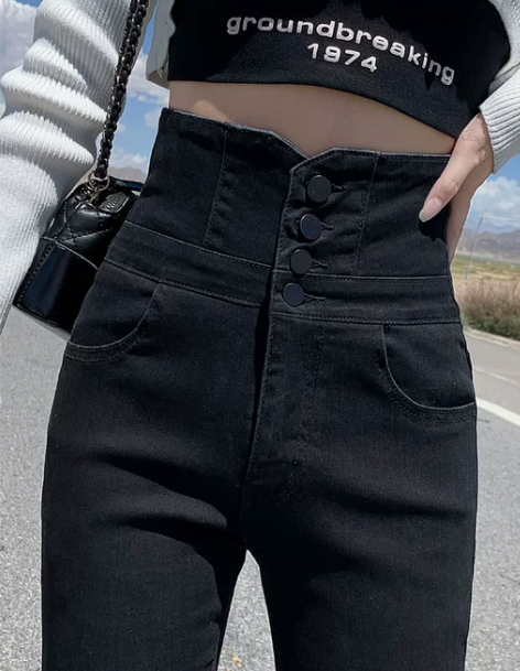 高腰裤女高腰裤子显瘦加绒牛仔裤冬超高腰