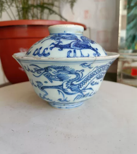 清代中期嘉庆青花龙凤盖碗有破裂如图所示保老...