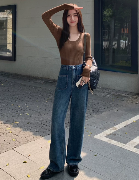 复古牛仔裤女秋冬抓绒百搭休闲裤高腰显瘦宽松...