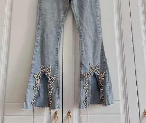 金金酷酷哒性感辣妹钻石链条流苏七分牛仔裤紧...