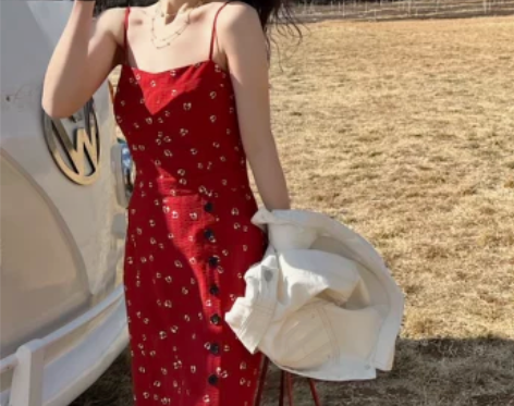南瓜谷 浮世红与黑~红色连衣裙女春夏气质收...