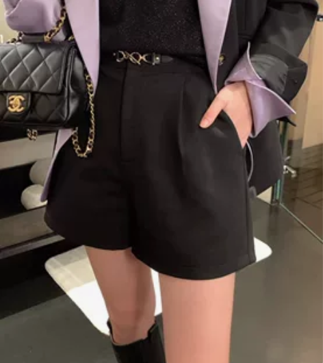 夏诗文定制 黑色高腰垂感阔腿西装短裤女春秋...