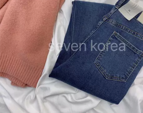 seven韩国 怒推 复古蓝高腰磨毛加绒小...