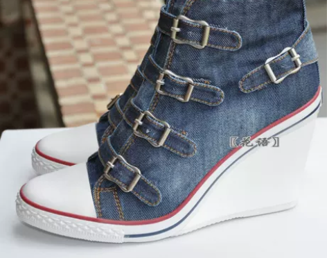 欧洲站高坡高帮四扣单鞋增高蓝色牛仔布运动帆...