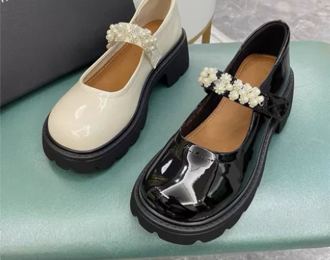 发式玛丽珍鞋女鞋一字扣带小皮鞋圆头复古厚底...