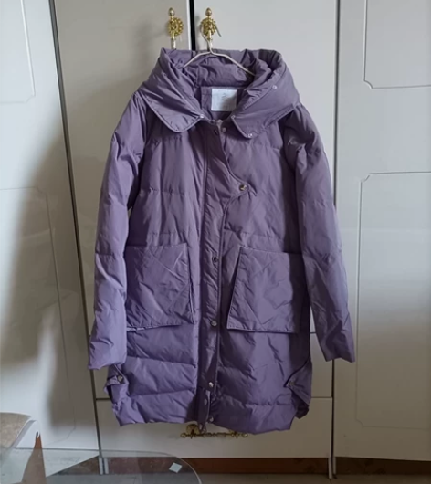 紫色，90白鸭绒羽绒服 M码，中长款，去年...