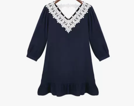 【聚】毛菇小象 蕾丝V领连衣裙七分袖短裙荷...