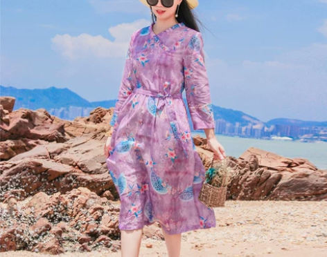 荷叶边v领高端碎花显瘦长袖连衣裙春款腰带抽...