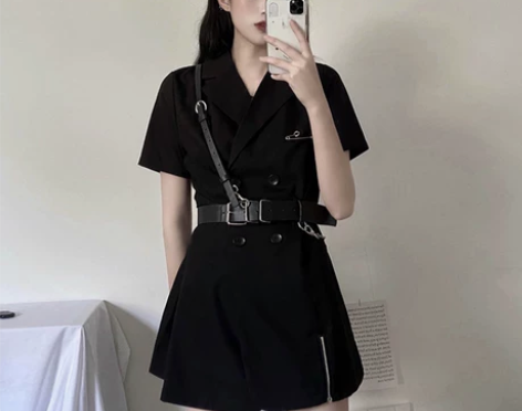夏季气质黑色连衣裙女短袖双排扣裙子西装裙工...