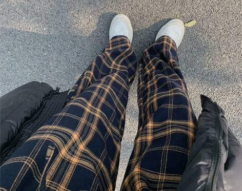 春秋显瘦百搭格子裤子女时尚高腰垂感拖地裤宽...