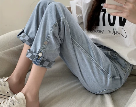 大码胖mm翻边直筒宽松牛仔裤女春秋裤子高腰...