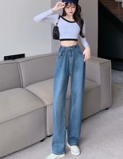 阔腿牛仔裤 拖地阔腿牛仔裤卡扣高腰设计泫雅...