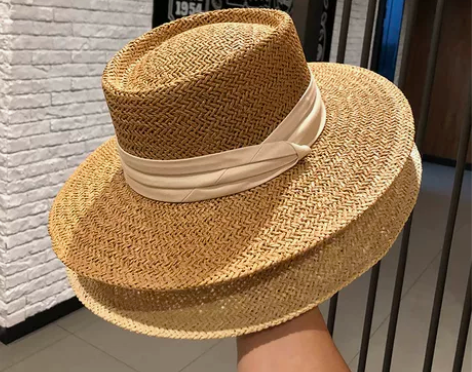 ins网红夏天手工编织宽檐平檐名媛礼帽遮阳...