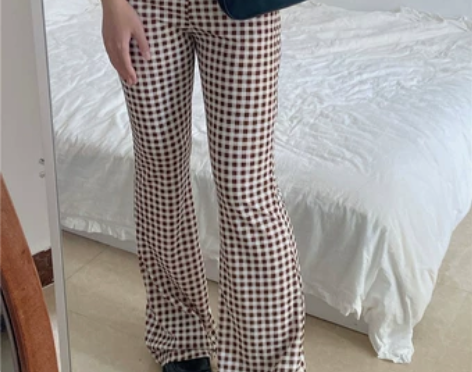 复古格子高腰微喇裤绑带拖地长裤 s码 有弹性