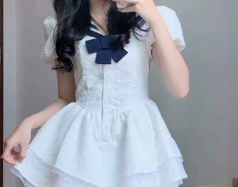 法式泡泡袖辣妹纯欲海军领连衣裙女夏高级感收...